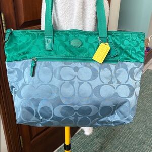 Coach  Signature monogram Tote HD nylon  teal light blue  large shoulder bag EUC